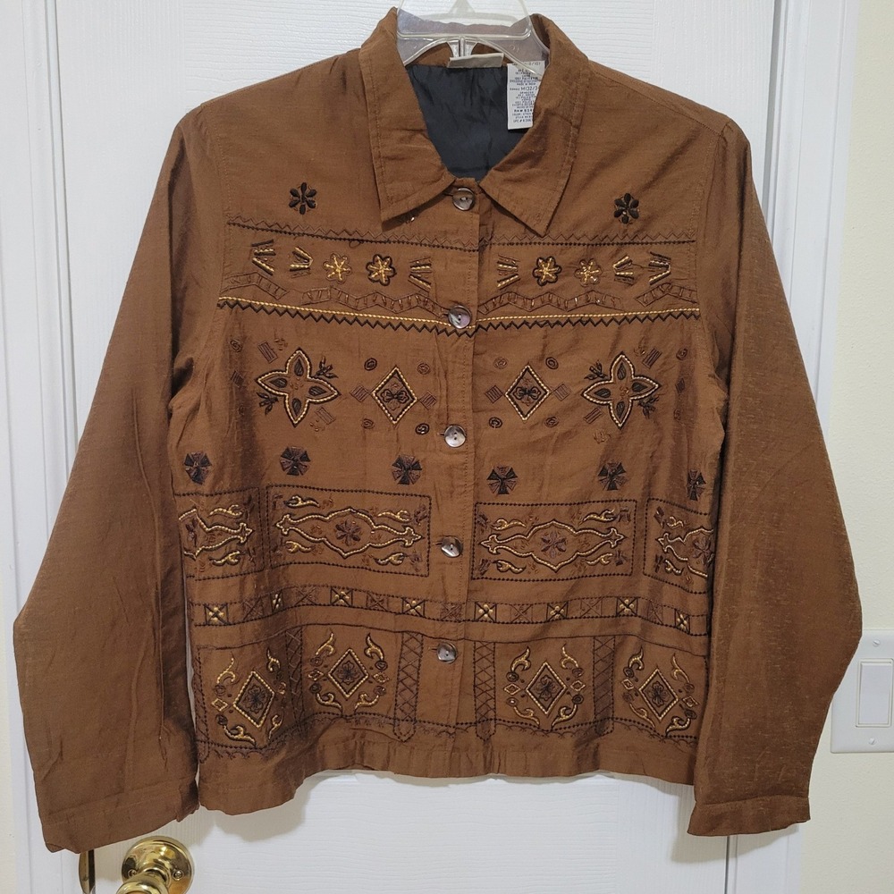 White Stag Brown Embroidered Beaded Button Front Jacket Womens Medium